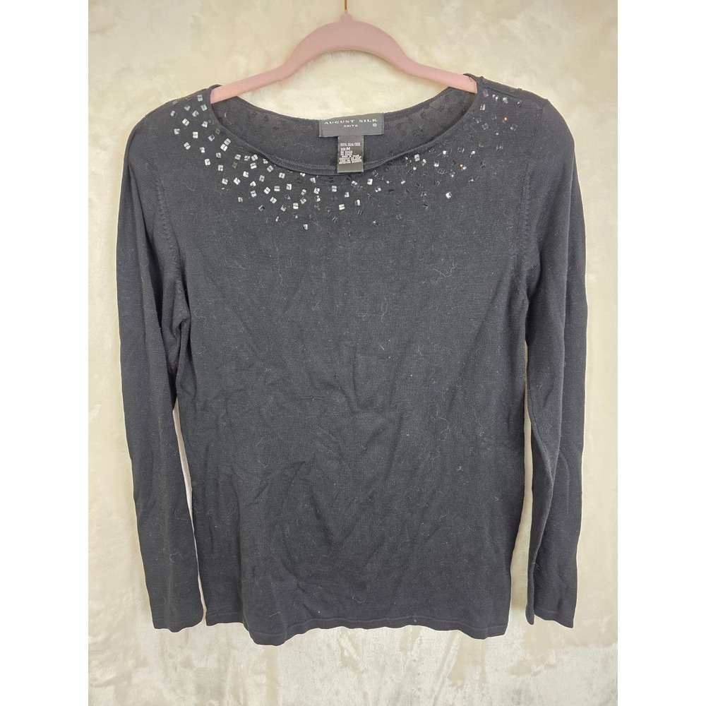 August Silk Knits Black 100% Silk Sequin Scoop Neck Long Sleeve Sweater Womens M